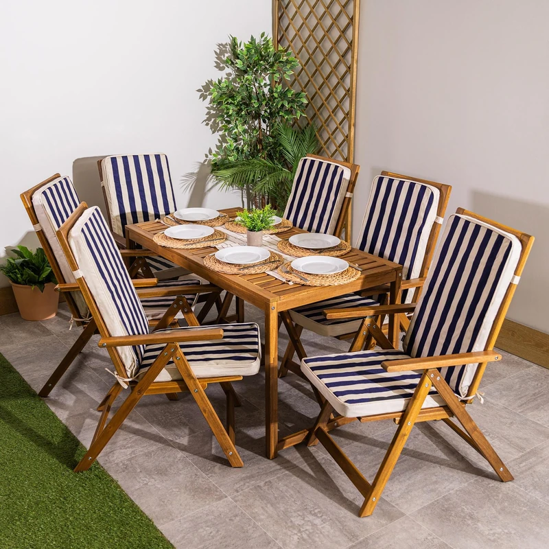 Bean Bag Bazaar Outdoor High Back Seat Pad, Navy Deck Stripe, Set of 6, Garden Chair Seat Cushion with Fibre Fill Included, Water-Resistant, Cushions with ties for Chair, Garden, Patio Furniture