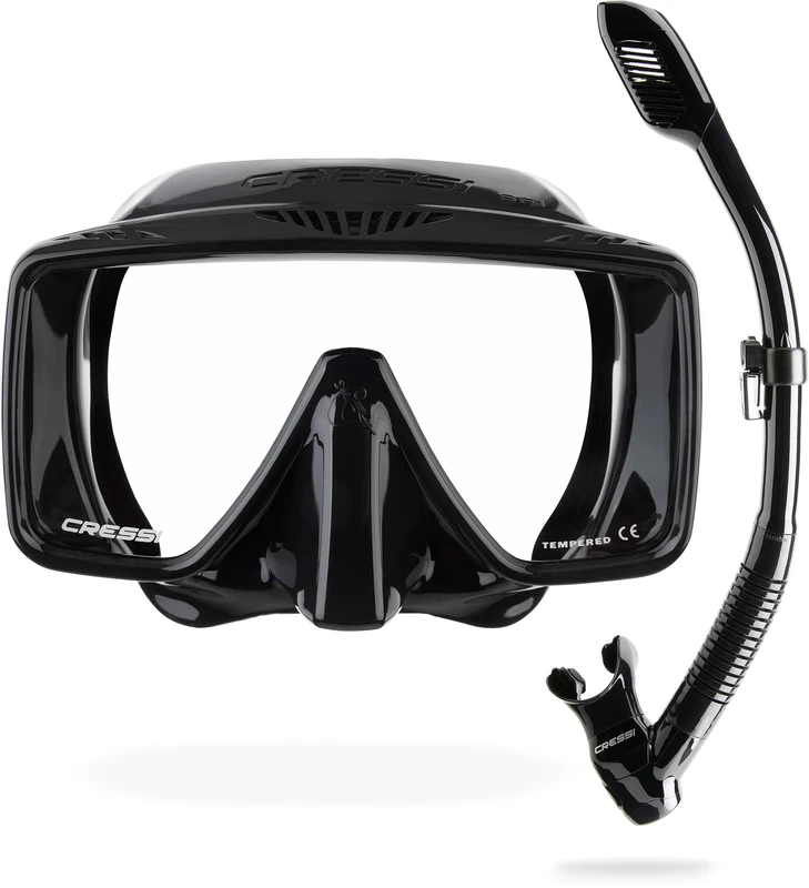 Cressi since 1946 - SF1 & Dry Combo - Square Frameless Mask Set with Tempered Lens + Dry Snorkel ideal for Freediving and Snorkelling, Black/Black, One Size Unisex