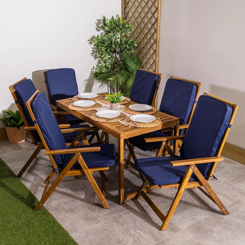 Bean Bag Bazaar Outdoor High Back Seat Pad, Navy Blue, Set of 6, Garden Chair Seat Cushion with Fibre Fill Included, Water-Resistant, Cushions with ties for Chair, Garden, Patio Furniture
