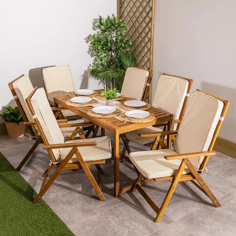 Bean Bag Bazaar Outdoor High Back Seat Pad, Stone Beige, Set of 6, Garden Chair Seat Cushion with Fibre Fill Included, Water Resistant, Cushions with ties for Chair, Garden, Patio Furniture