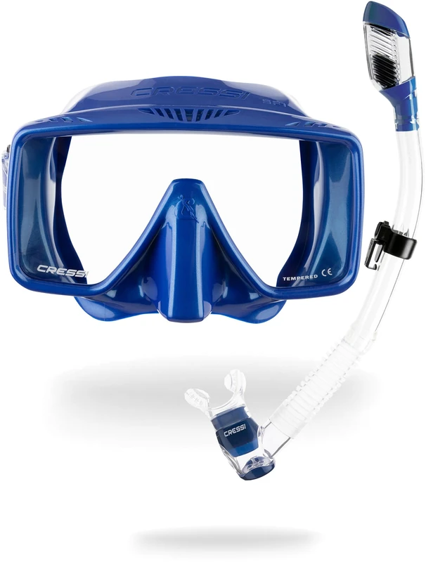 Cressi since 1946 - SF1 & Dry Combo - Frameless Square Mask Set with Tempered Lens + Dry Snorkel ideal for Freediving and Snorkelling, Blue Metal/Blue Metal, One Size Unisex