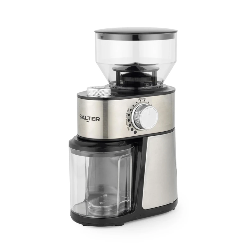 Salter Burr Grinder – 12 Grinding Levels with Adjustable Dial, 200g Bean Capacity, 150g Coffee Container, Makes 2–14 Cups, Easy to Clean, 3 Year Guarantee, 200W