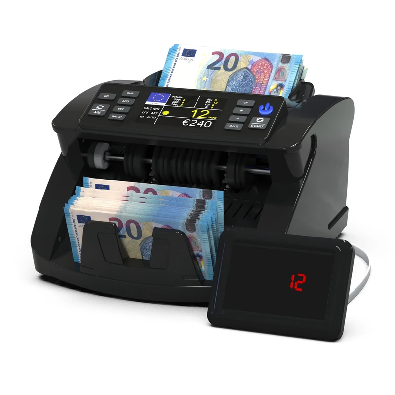 Detectalia V10 Banknote Counter for GBP-EUR-CHF-USD-SEK-DKK-PLN-Try-AED-SAR with UV-MG-IR-MT-DD Detection, 3.5” TFT Screen + External Display, Total Value, Batch & Add, 1000 Notes/Minute