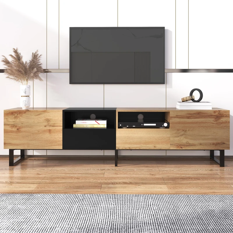Ball & Cast TV Stand, TV Cabinet for TVs up to 75 Inch, Entertainment Unit for Living Room, Large Storage Media Console,Black & Wood,190 L x 38 B x 48 H CM