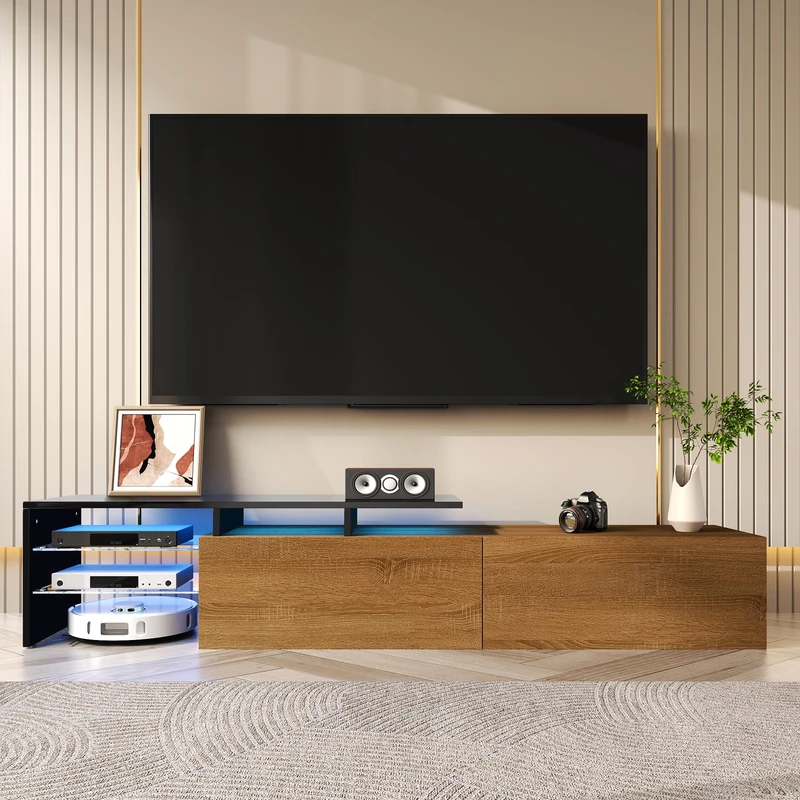 Ball & Cast Modern TV Cabinet Design: Stylish and Elegant, Practical Storage Space, Black and Wood Look, Glass Shelves, LED Lighting, 170x33x33.5cm