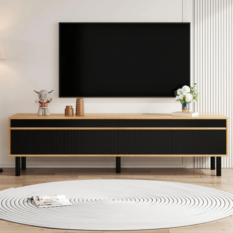 Ball & Cast TV Table, TV Stand Cabinet with 4 Doors and Fine Texture, Black and Wood Color, 170x38x47cm