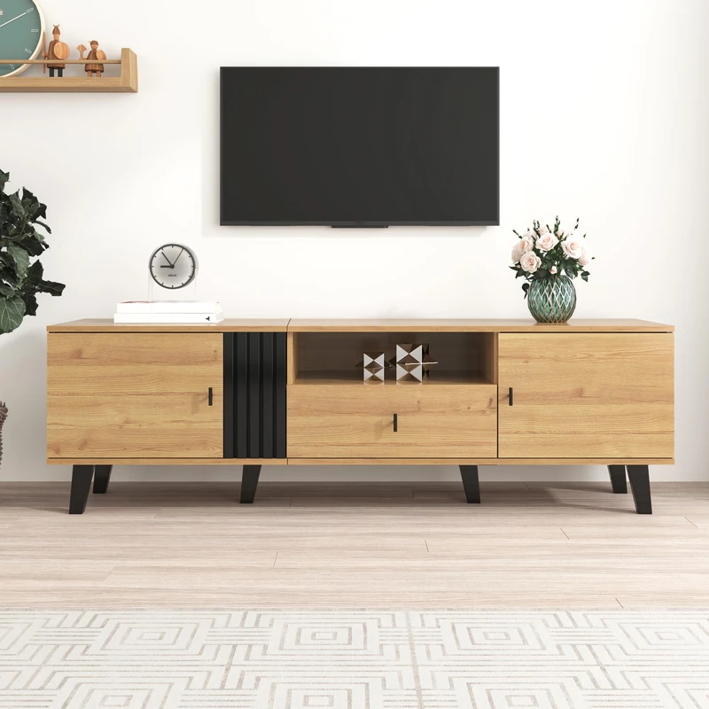 Ball & Cast Stylish Elegance: 170 cm TV cabinet in a wood and black design, TV furniture, lowboard with drawers, versatile storage functions, and a unique appearance.
