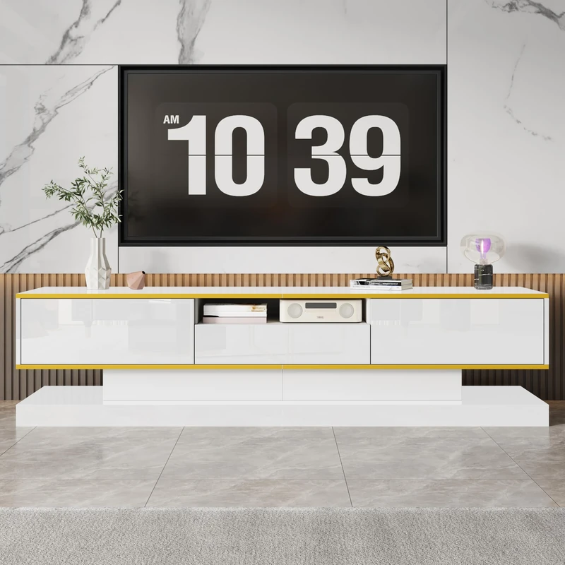 Ball & Cast TV Stand Cabinet, White TV Unit Storage Cabinet with 3 Drawers and Open Compartment, high-gloss finish, gold accents, and color-changing LED lighting, 180 * 38 * 45cm