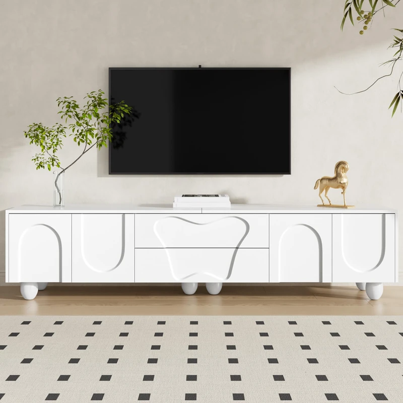 Ball & Cast 180 cm White TV Cabinet with Wooden Legs – A minimalist and elegant TV cabinet with ample storage space, a unique design, and flexible storage solutions for a stylish living room.