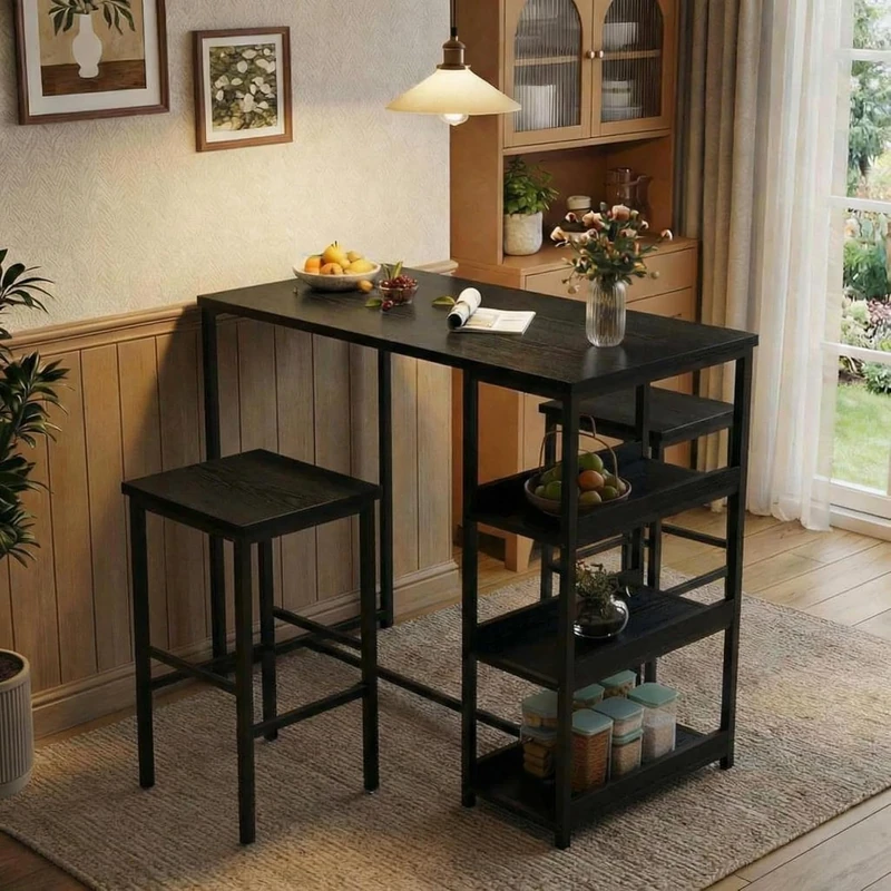 Dining Set with 2 Bar Stools & Storage Shelf, 3-Piece Dining Table Set Made of Iron and Wood for Small Kitchens & Apartments, Kitchen Table with Storage Compartments, Space-Saving Dining Table Set for