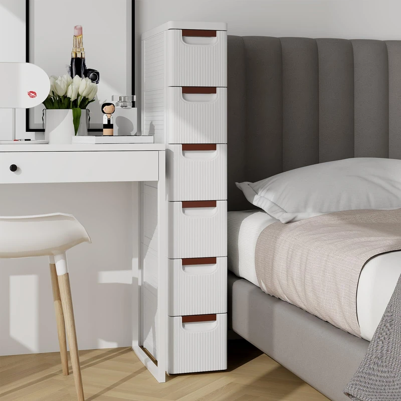 FANTASK Narrow Niche Cabinet, 42 x 19 x 109 cm, Recess Shelf on Wheels 20 cm Wide, Toilet Cabinet with 6 Drawers, Bathroom Trolley for Bathroom, Classroom, Studio & Salon (White)