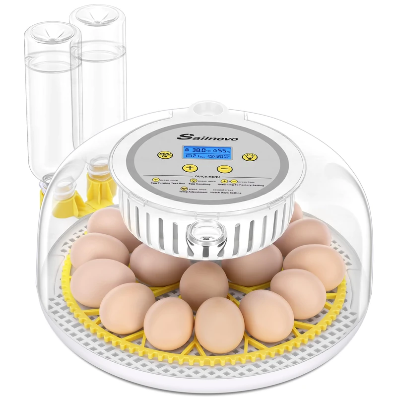 Sailnovo 18 Eggs Incubator Fully Automatic, Reversible Display, Hatching Days, Humidity Level, Automatic Turning & Stop, Egg Candle - 360° View Poultry (Yellow)