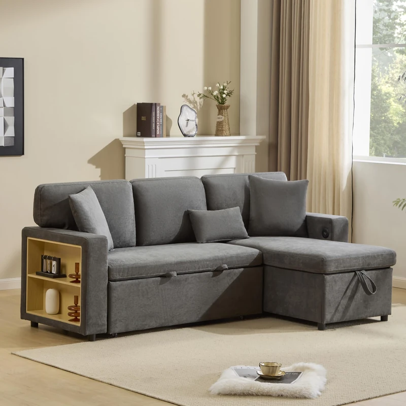 Ball & Cast Corner Sofa Bed, L-Shaped Sleeper Sectional Couch, 3-in-1 Fabric Convertible Pull Out Sofa Bed with Adjustable Backrest, USB and Adjustable Armrest Side Storage for Living Room,Dark Gray