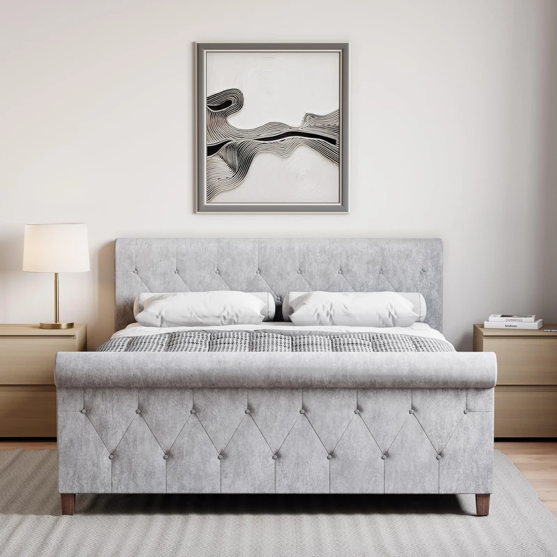 Vida Designs Vittorio Bed, Bed Frame Fabric Headboard Bedroom Furniture (Crushed Velvet Silver, Double | With Mattress)