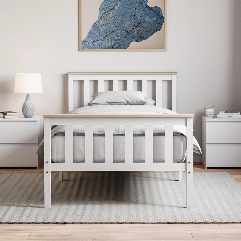 Vida Designs Milan Single Wooden Bed, High Foot, White & Pine & Gel Memory Foam Pocket Spring Mattress, Single
