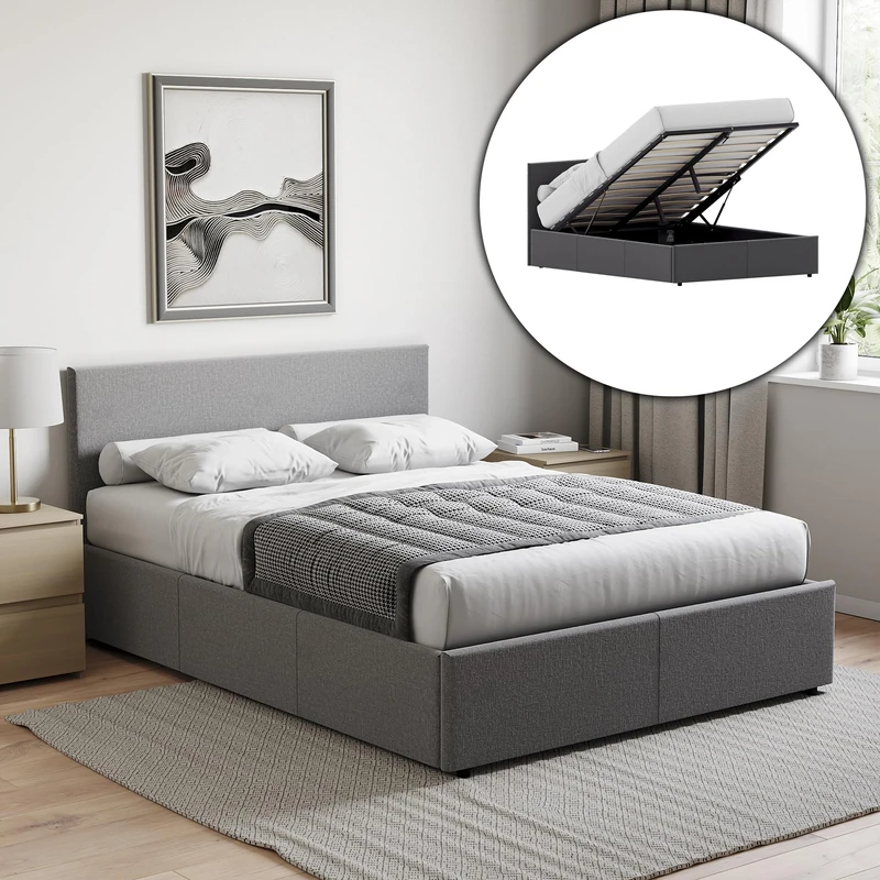Vida Designs Veronica Double Ottoman Bed, Dark Grey Linen & Gel Memory Foam Pocket Spring Mattress, Double