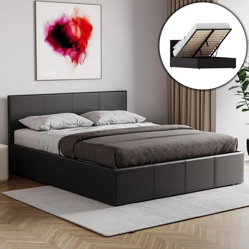 Vida Designs Lisbon Double Ottoman Faux Leather Bed, Black & Gel Memory Foam Pocket Spring Mattress, Double
