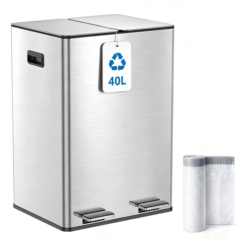 Kitchen Bin, 40L Double Bin, Tall Slim 2 x 20L Stainless Steel Pedal Bin, Dual Bin Rubbish Recycling with Soft-Close Lids and Plastic Inner Buckets, Trash Can for Narrow Spaces, Metal Silver