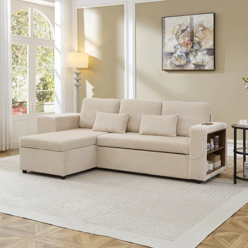 Ball & Cast Corner Sofa Bed, L-Shaped Sleeper Sectional Couch Bed, 3-in-1 Corduroy Convertible Pull Out Sofa Bed with Adjustable Backrest, Storage, USB and Cup Holder for Living Room, Beige