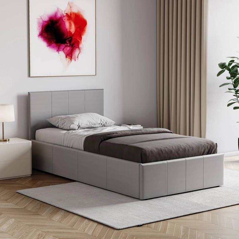 Vida Designs Lisbon Single Ottoman Faux Leather Bed, Grey & Gel Memory Foam Pocket Spring Mattress, Single