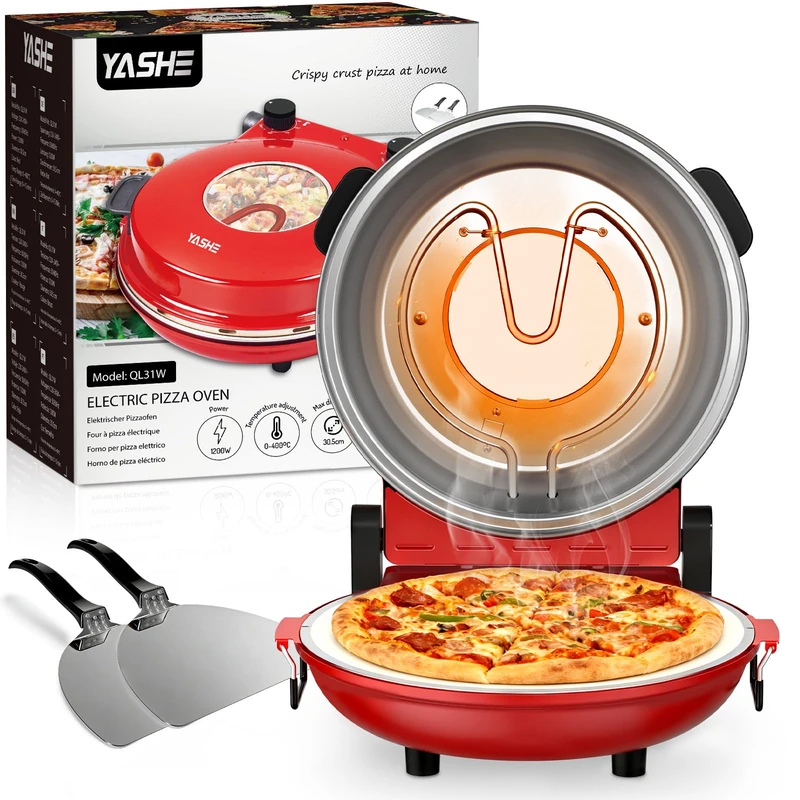 YASHE Electric Pizza Oven Countertop with Pizza Stone, Adjustable Thermostat & Timer, Indoor Tabletop Pizza Maker with Viewing Window, Portable Home Pizza Oven for Kitchen