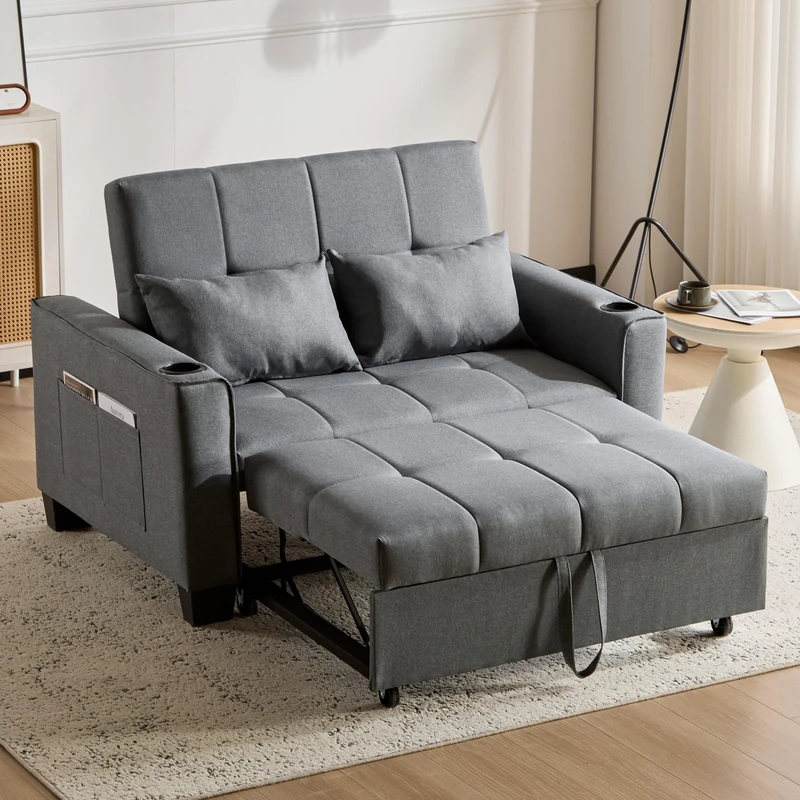 Ball & Cast 2 Seater Sofa Bed with Cup Holders & Side Pockets, 3 In 1 Convertible Sleeper Bed, Pull Out Sleeper Sofa with Adjustable Backrest, Fabric Sofa Chair for Living Room, Apartment, Gray