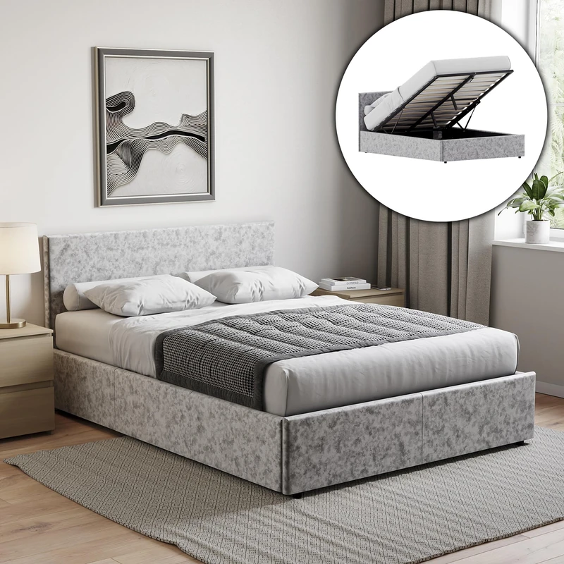 Vida Designs Veronica Double Ottoman Bed, Silver Velvet & Gel Memory Foam Pocket Spring Mattress, Double