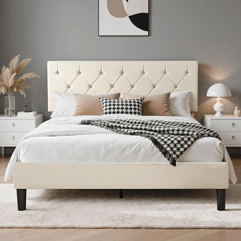VECELO 4ft6 Double Bed Frame, Soft Velvet Upholstered Platform Bed with Diamond Tufted Headboard, Sturdy Wood Slat Support, Easy Assembly, No Box Spring Needed
