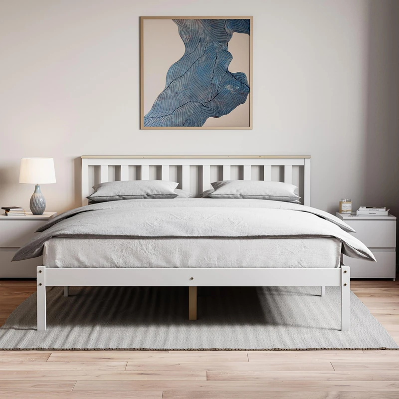 Vida Designs Milan King Size Wooden Bed, Low Foot, White & Pine & Gel Memory Foam Pocket Spring Mattress, King