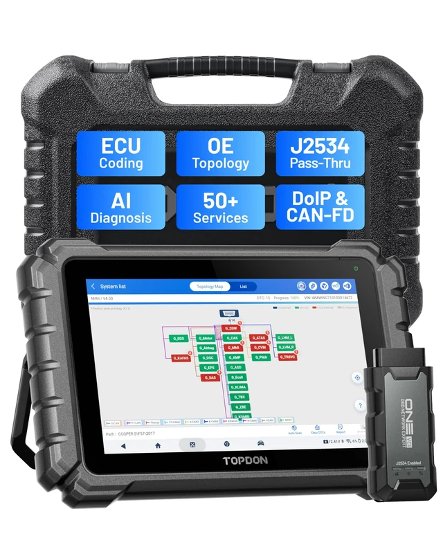 TOPDON ONE 10.1" Bidirectional Car Diagnostic Tool, J2534 Pass-Thru, ECU Coding & Over 50 Services, Full System OBD2 Scanner with TopFix AI, OE Topology, FCA/Renault/VAG SFD SGW Access, CAN-FD & DoIP