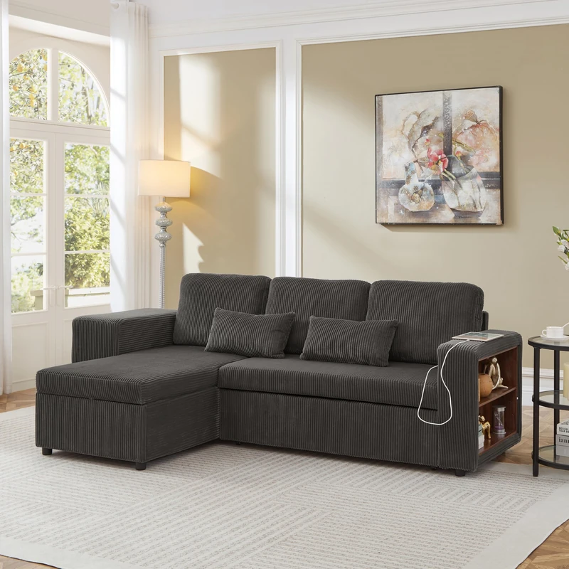 Ball & Cast Corner Sofa Bed, L-Shaped Sleeper Sectional Couch Bed, 3-in-1 Corduroy Convertible Pull Out Sofa Bed with Adjustable Backrest, Storage, USB and Cup Holder for Living Room, Grey