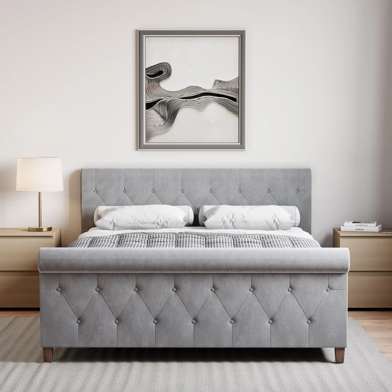 Vida Designs Vittorio Bed, Bed Frame Fabric Headboard Bedroom Furniture (Light Grey Velvet, Double | With Mattress)