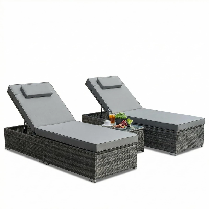 Clevich 3 PCS Rattan Sun Lounger Set, 5-Level Adjustable Outdoor Recliner, Patio Loungers with 8cm Thick Cushion, Detachable Headrest & Glass Coffee Table, All-Weather PE Wicker Garden Furniture, Grey