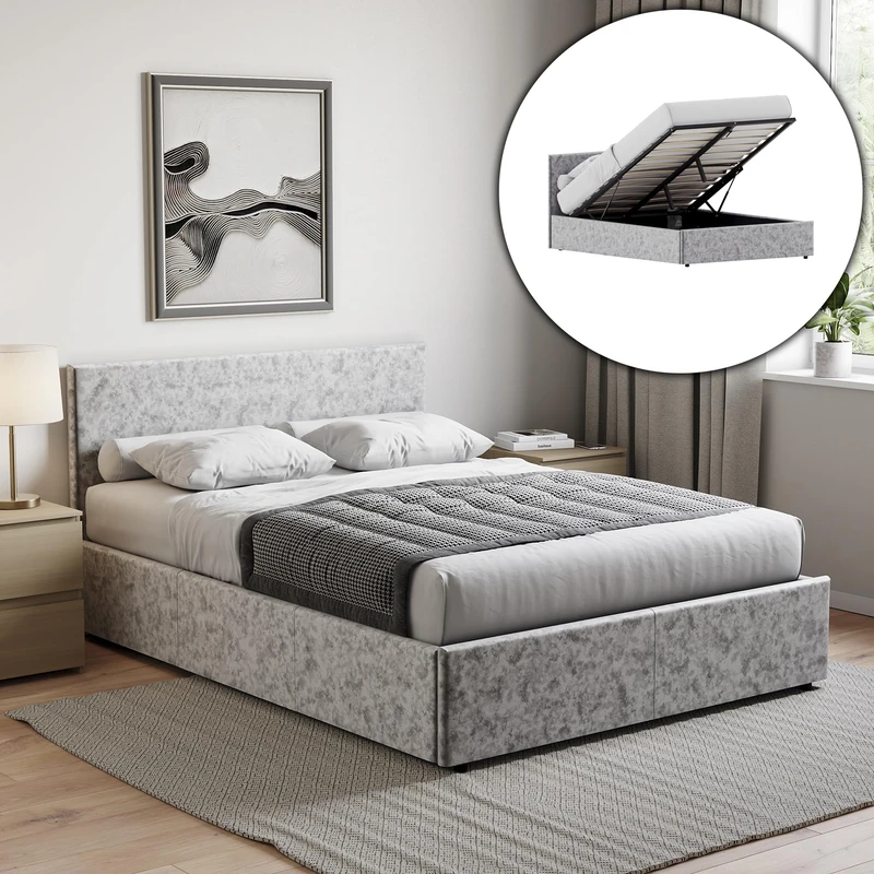 Vida Designs Veronica King Size Ottoman Bed, Silver Velvet & Gel Memory Foam Pocket Spring Mattress, King