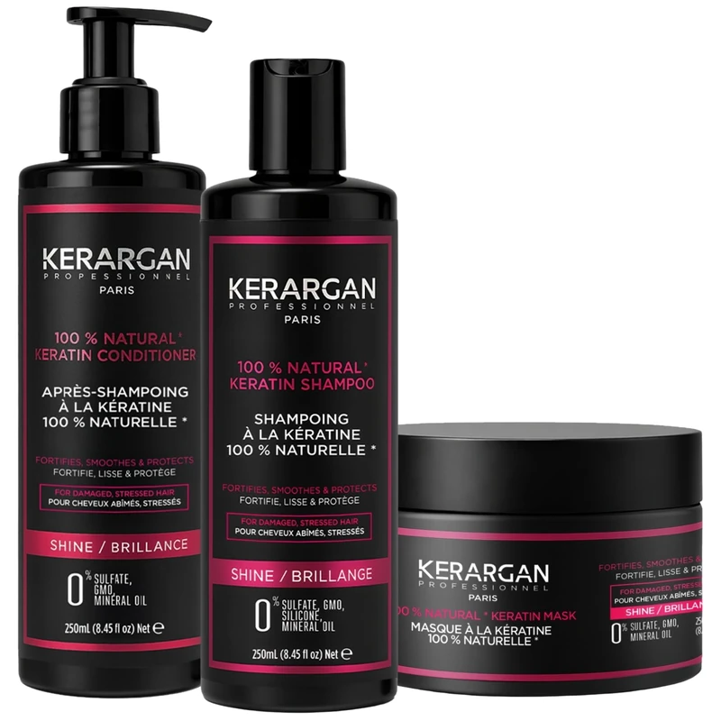 Kerargan - Ultra-Repair Keratin Shampoo, Conditioner & Mask Trio for Damaged and Stressed Hair - Nourishes, Smooths & Strengthens - Sulfate-Free, GMO-Free, Silicone-Free - 3x250ml