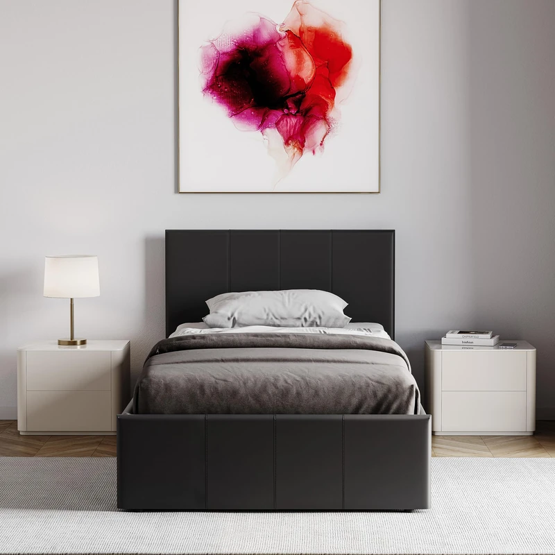 Vida Designs Lisbon Single Ottoman Faux Leather Bed, Black & Gel Memory Foam Pocket Spring Mattress, Single