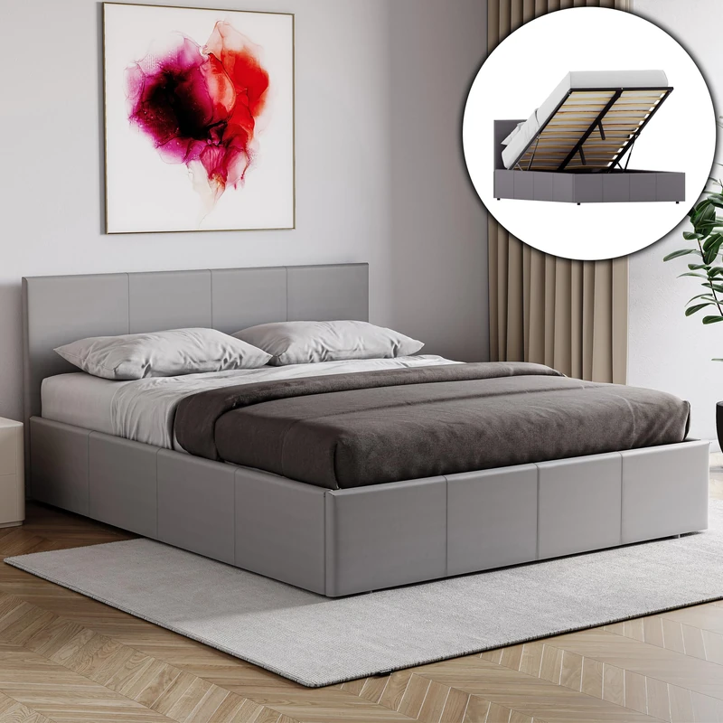 Vida Designs Lisbon Double Ottoman Faux Leather Bed, Grey & Gel Memory Foam Pocket Spring Mattress, Double