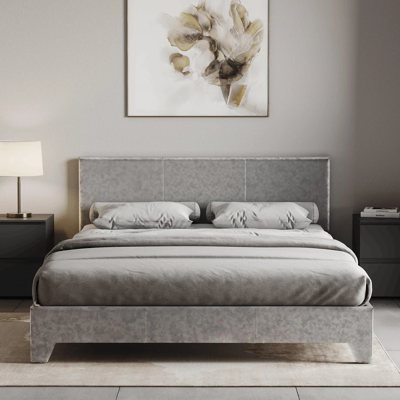 Vida Designs Victoria Double Bed, Silver Velvet & Gel Memory Foam Pocket Spring Mattress, Double
