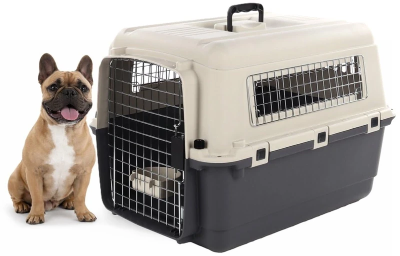 dog crate - Flamingo Fomad dark grey - M 53 x 67 x 47 cm - durable plastic - metal door - safety lock - carry handle - removable food and water bowl - optional wheels
