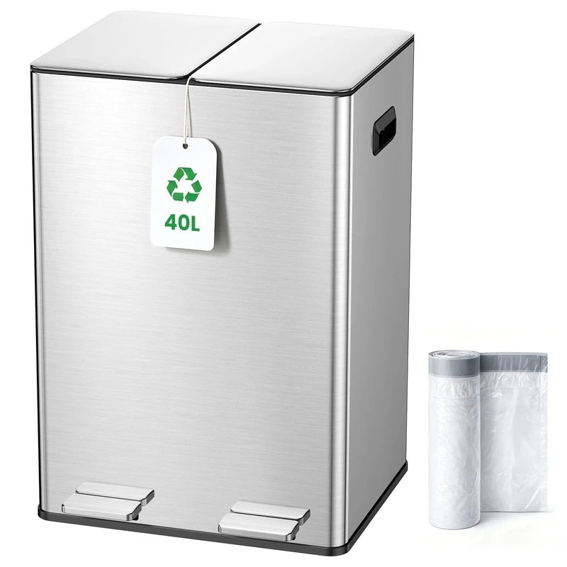 Kitchen Bin, 40L Double Bin, Tall Slim 2 x 20L Stainless Steel Pedal Bin, Dual Bin Rubbish Recycling with Soft-Close Lids and Plastic Inner Buckets, Trash Can for Narrow Spaces, Pure Silver
