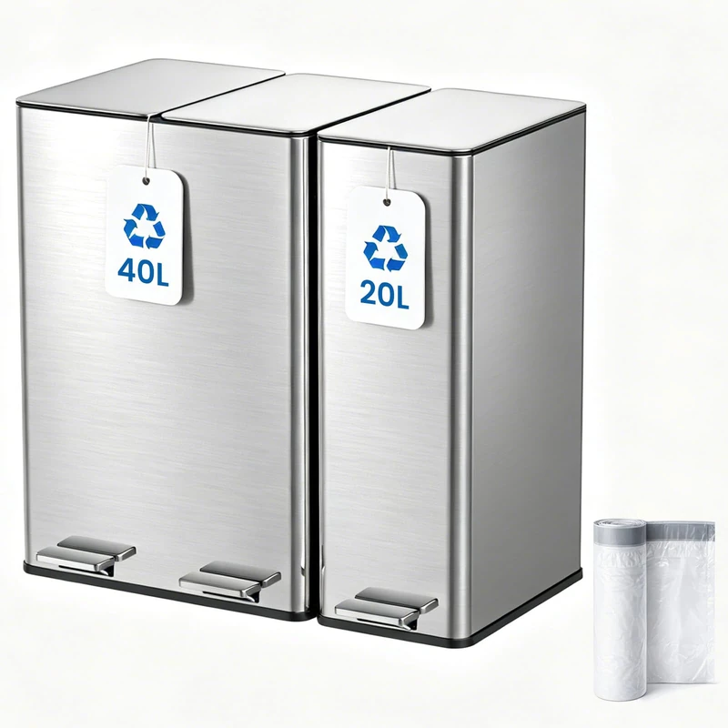 Kitchen Bin,40L Double Bin+20L Single Bin,Tall Slim 60L Stainless Steel Pedal Bin,Dual Bin Rubbish Recycling with Soft-Close Lids and Inner Buckets,Odour Seal,Trash Can for Narrow Space,Space Silver