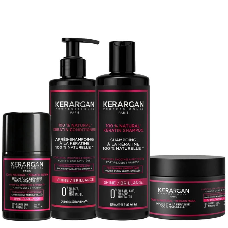 Kerargan - Ultra-Repair Keratin Shampoo, Conditioner, Mask & Serum Set for Damaged and Stressed Hair - Revitalizes & Protects - Sulfate-Free, GMO-Free, Silicone-Free - 3x250ml + 1x50ml