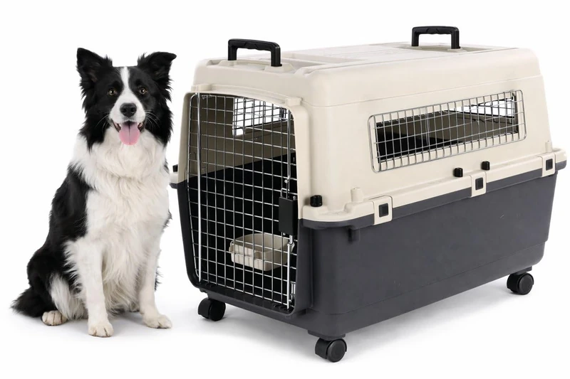 dog crate - Flamingo Fomad dark grey - L 57 x 80 x 59.5 cm - durable plastic - metal door - safety lock - 2 carry handles - removable food and water bowl - 4 removable wheels