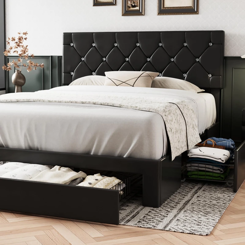 VECELO 4ft6 Double Bed Frame with 3 Storage Drawers, PU Upholstered Platform 135x190cm with Diamond Tufted Headboard, Solid Wood Slat Support, Easy Assembly, No Box Spring Needed