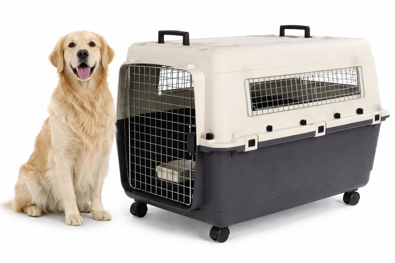 dog crate - Flamingo Fomad dark grey - XL 60 x 90 x 68.5 cm - durable plastic - metal door - safety lock - 2 carry handles - removable food and water bowl - 4 removable wheels - Image 1
