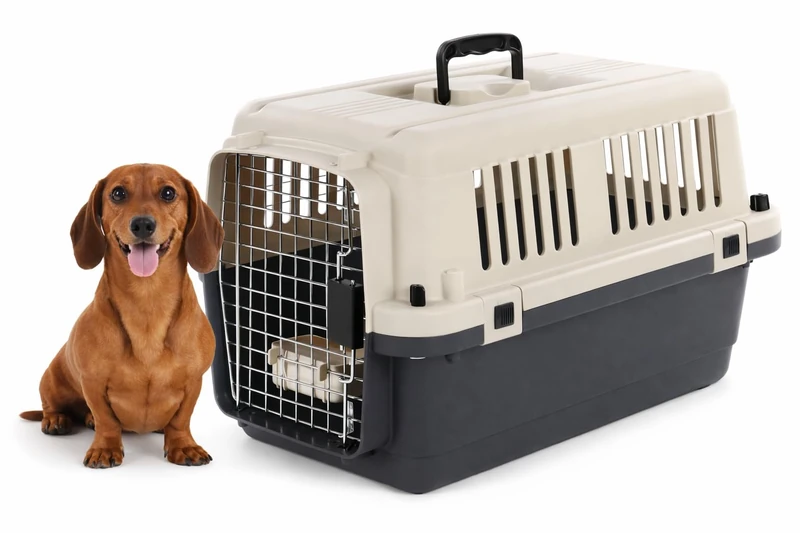dog crate - Flamingo Fomad dark grey - S 40 x 61 x 41 cm - durable plastic - metal door - safety lock - carry handle - removable food and water bowl