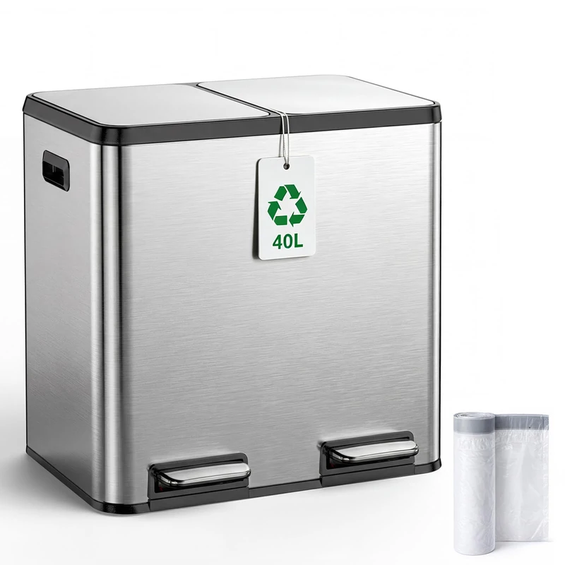 Kitchen Bin,40L Dual Rubbish Bin,2 x 20L Stainless Steel Pedal Bin,Double Bin Recycling with Soft-Close Lids and Plastic Inner Buckets,Fingerprint Proof,Odour Seal,Large Capacity,Space Silver
