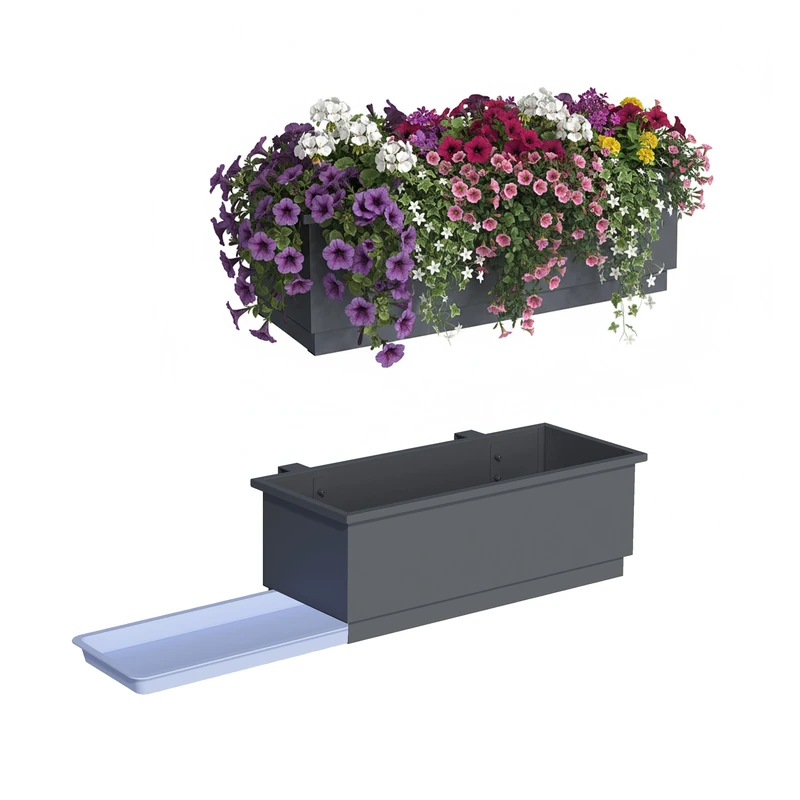 Relaxdays Balcony Planters 2-Pack for Railings with Drainage Tray, Steel, Anthracite 17x50x19 cm