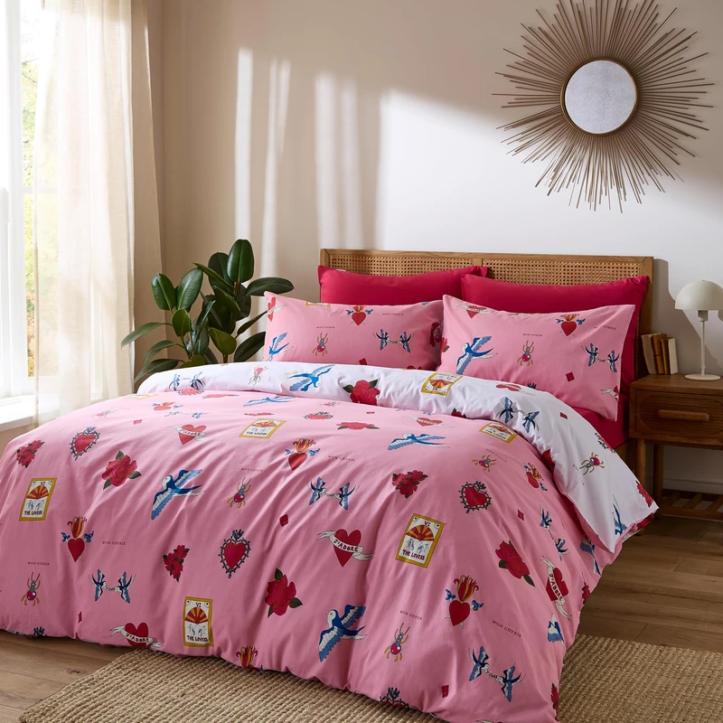 Their Nibs Mon Coeur Cotton Reversible Super King Duvet Cover Set with Pillowcases Pink