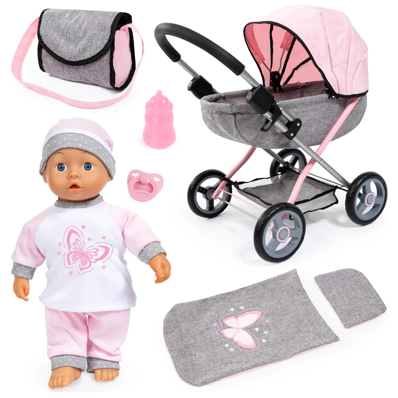Bayer Design 12733AB Cosy doll's pram, foldable stroller, with 36 cm soft-body doll, blanket, pillow, bag, bottle and dummy